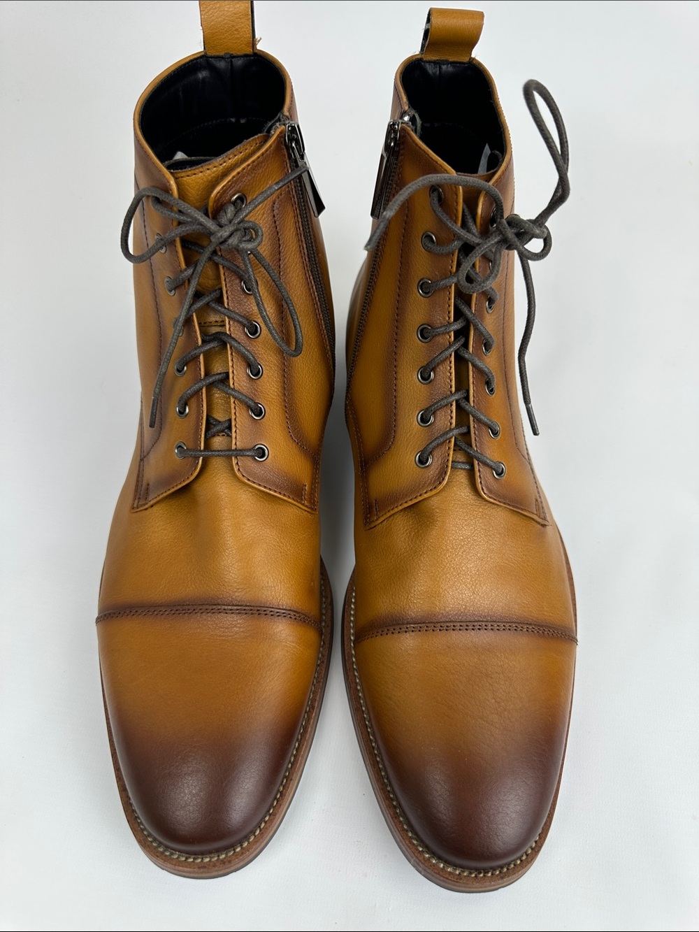 Men's Genuine Leather Side Zipper Lace-Up Boots - Natural Tan Brown. US 13. New